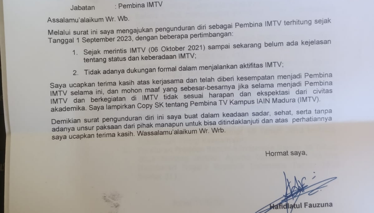 Beredar Surat Pengajuan Pengunduran Diri Pembina IMTV, Begini Kata Wakil Rektor III IAIN Madura